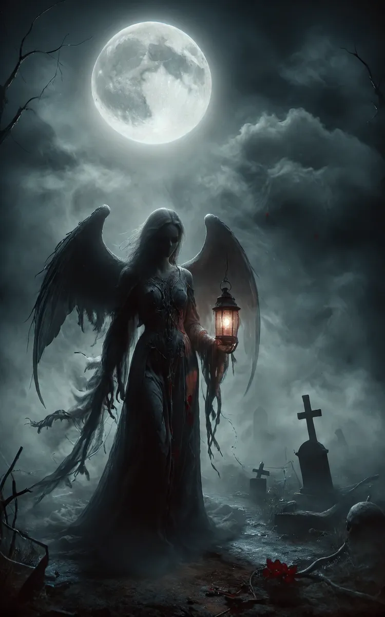 Uma cena sombria e assombrosa de um anjo caído segurando uma lanterna em um cemitério nebuloso sob uma lua cheia brilhante, cercado por lápides e névoa sinistra.