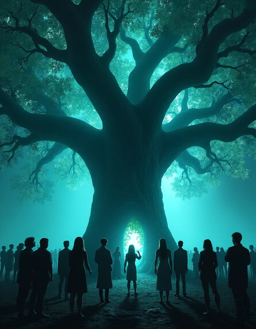 A large ancient tree glowing with ethereal blue-green light surrounded by a group of people standing in awe in a dark, mystical forest.