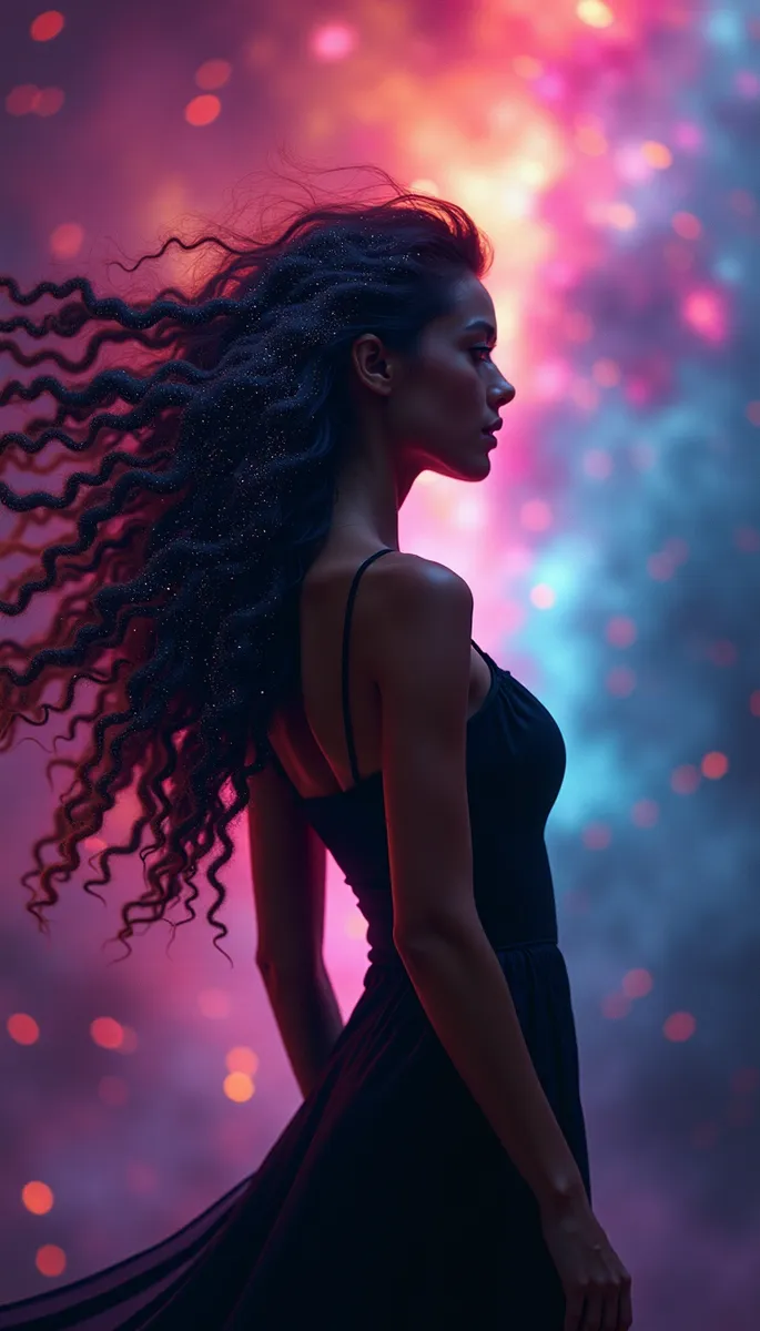 A woman with flowing dark galaxy hair wearing a black dress stands in front of a vibrant nebula background with dramatic lighting and vivid colors.