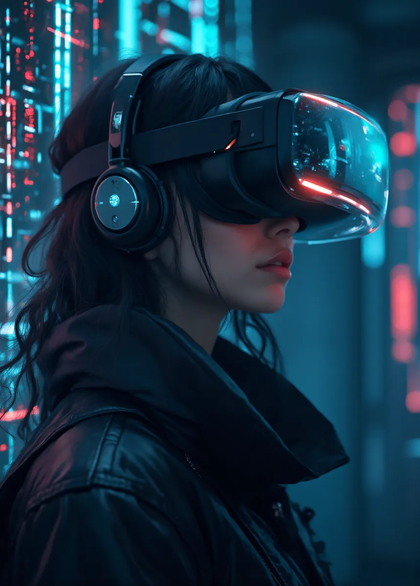 Close-up side portrait of a woman hacker wearing a futuristic VR headset and black jacket, surrounded by neon blue and red cyberpunk lights.