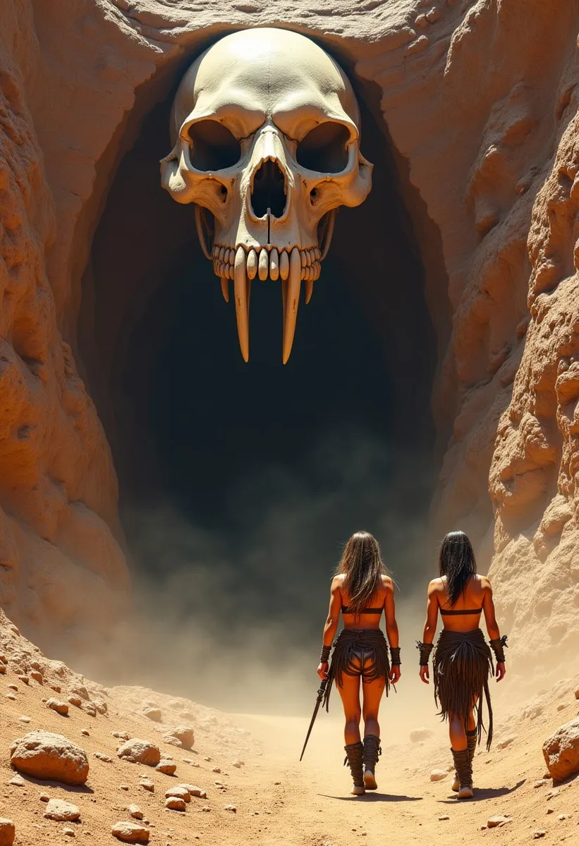 Two female barbarian warriors walking towards a large cave entrance topped by a giant humanoid skull with prominent canines in a dusty, arid mountainous landscape under bright late afternoon sun.