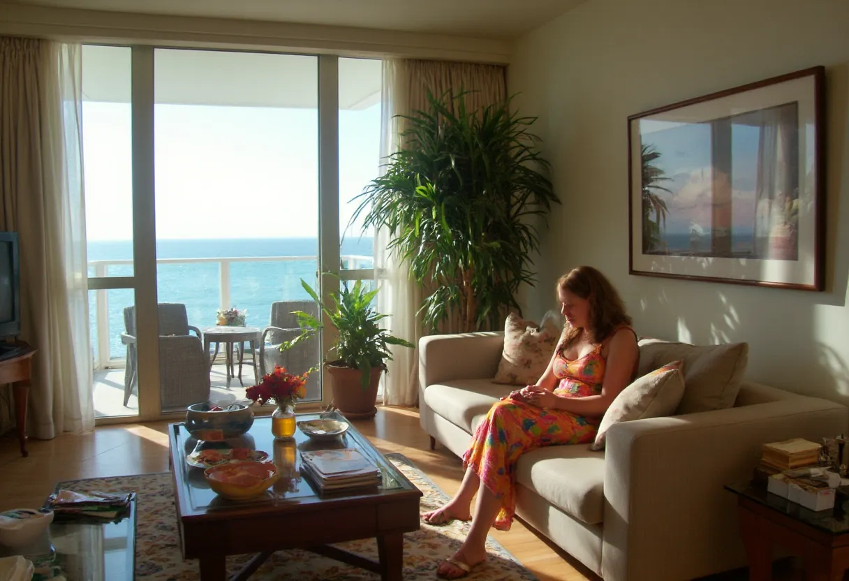 Interior of a modern Miami penthouse living room with ocean view, luxury furniture, potted palms, and an elegant lady in a colorful summer dress sitting on the sofa.