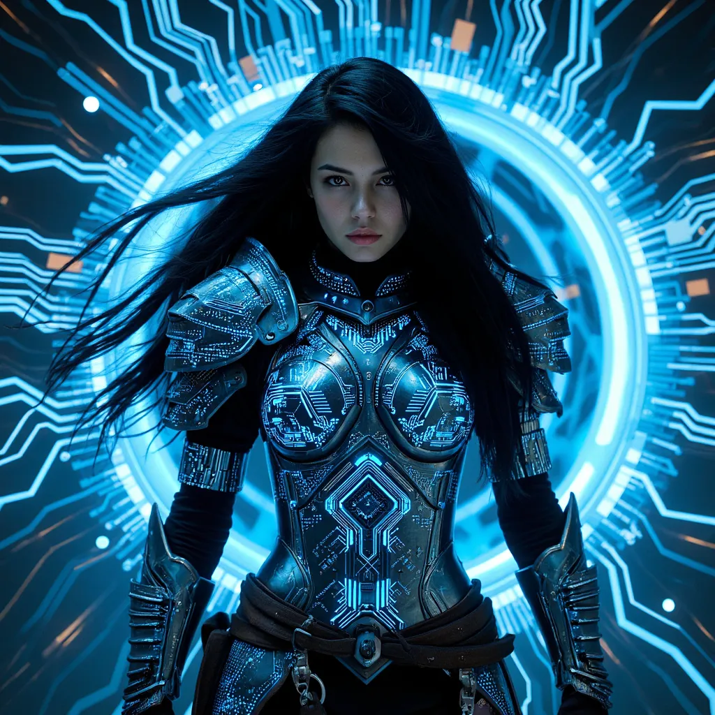 A fierce female warrior with flowing black hair wearing photorealistic armor etched with glowing blue circuits stands before a radiant digital nexus background.