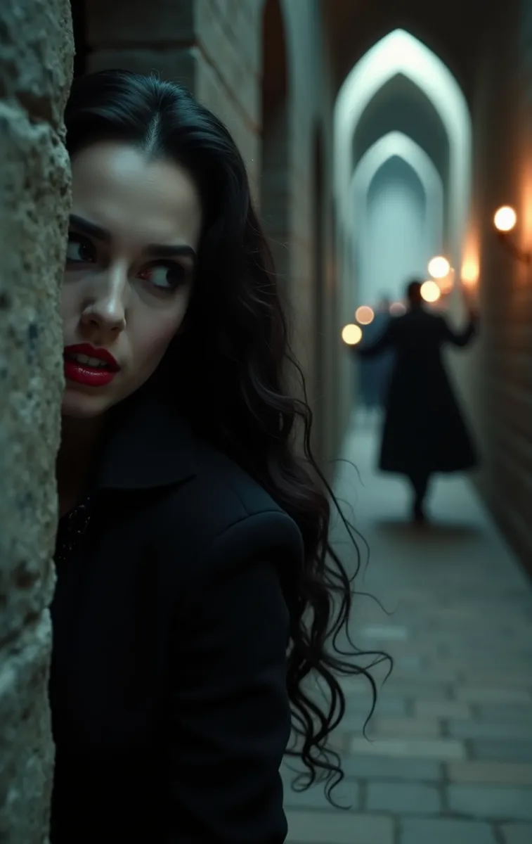 A vampire woman with long black swirly hair and red lipstick hides behind a stone wall in a dimly lit stone hallway, while men with torches search nearby.