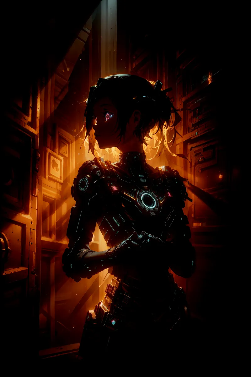 A cyberpunk robotic girl standing in a dark, dimly lit room illuminated by orange rim light and glowing circuitry details.