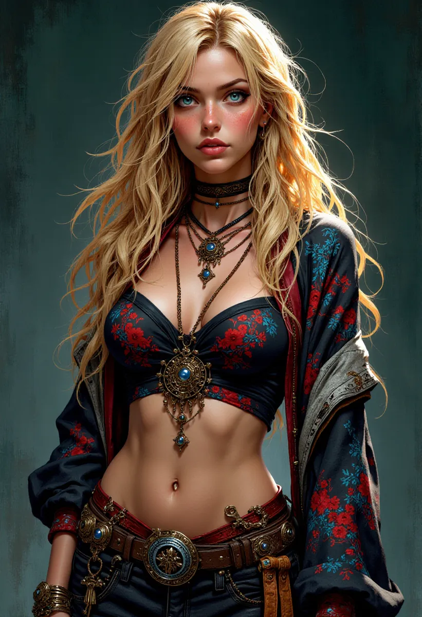 Portrait of a full-body bohemian woman with long messy blond hair, blue eyes, and midriff showing, wearing ornate jewelry and floral bohemian clothing.