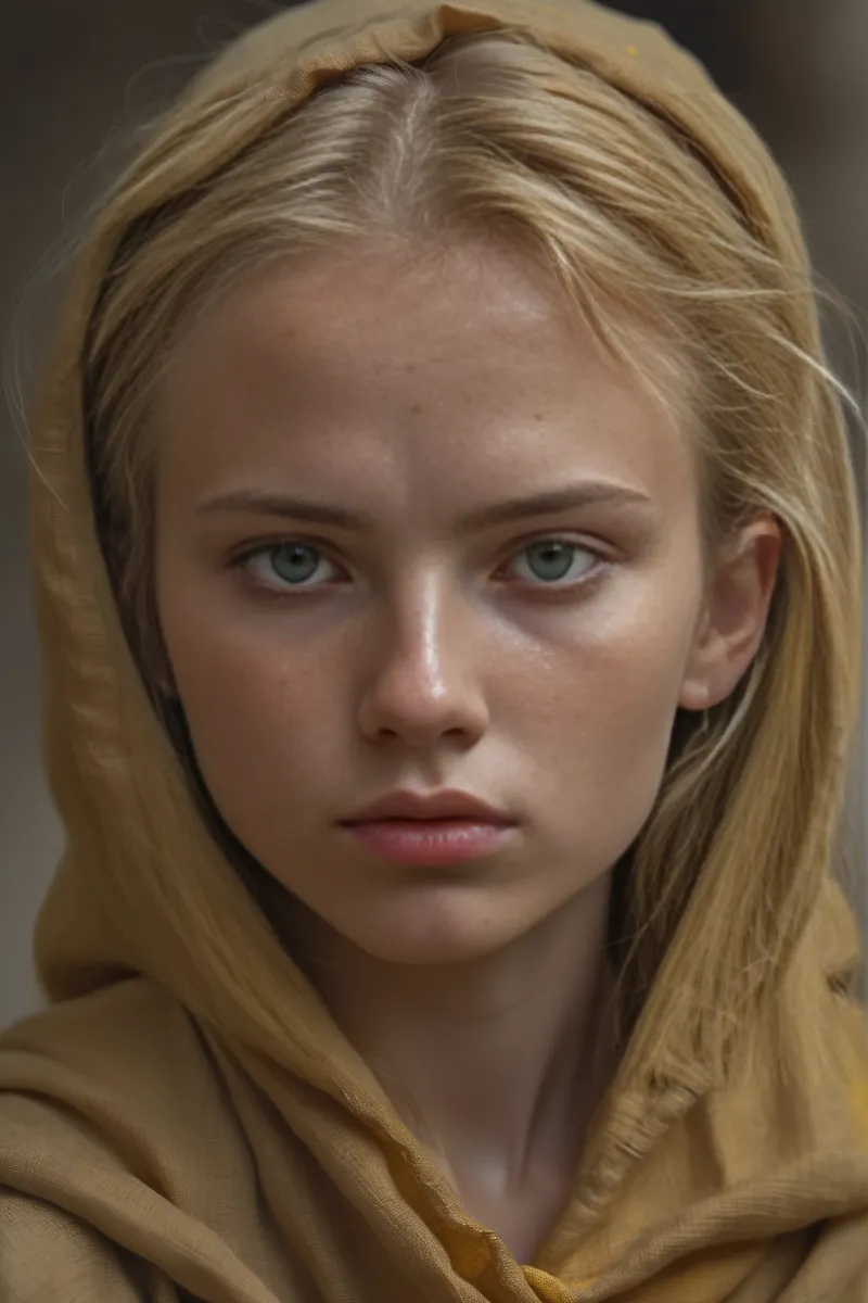 Close-up hyperrealistic portrait of a young woman with Caucasian features and light eyes, wearing a mustard-colored sack hood, with side lighting and ethnic style.
