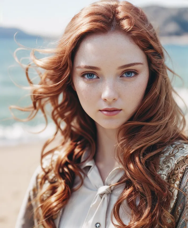 Close-up portrait of a young woman with long ginger hair and blue eyes wearing a cotton boho dress at the beach with sea in the background.