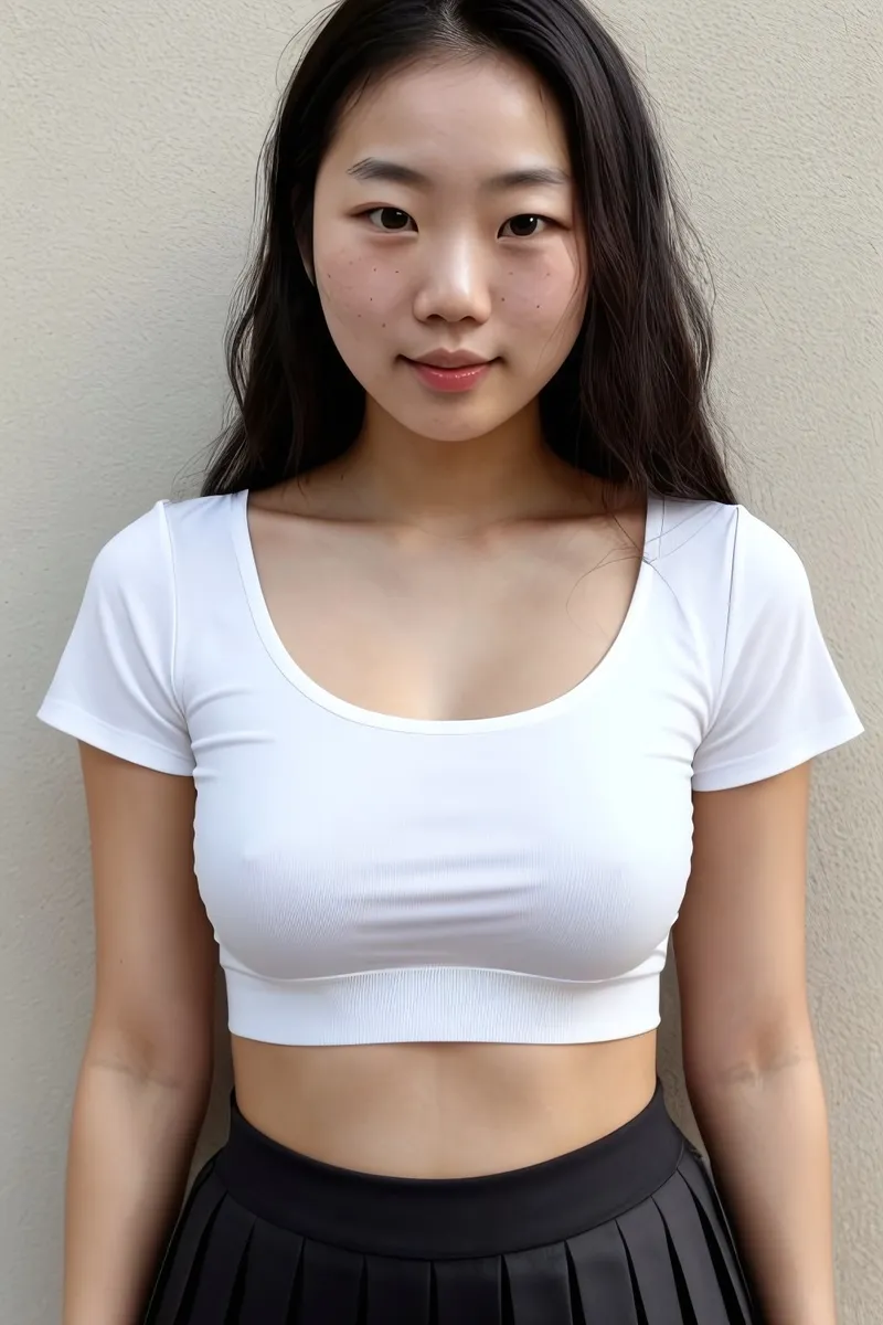 Young Asian woman with medium long black hair, rounds face with subtle freckles, wearing a tight white crop top and black pleated miniskirt, standing against beige wall