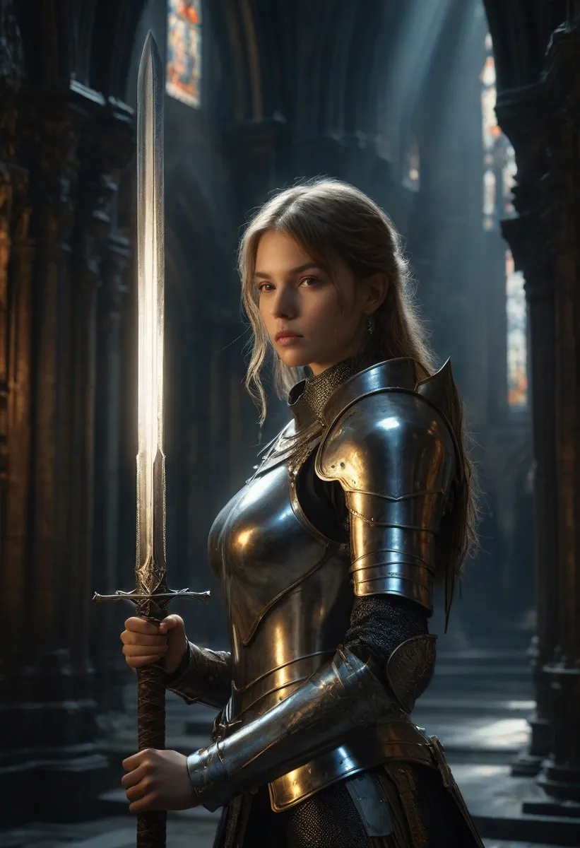 A female knight in shining armor stands in a gothic cathedral holding a glowing sword under soft side lighting.