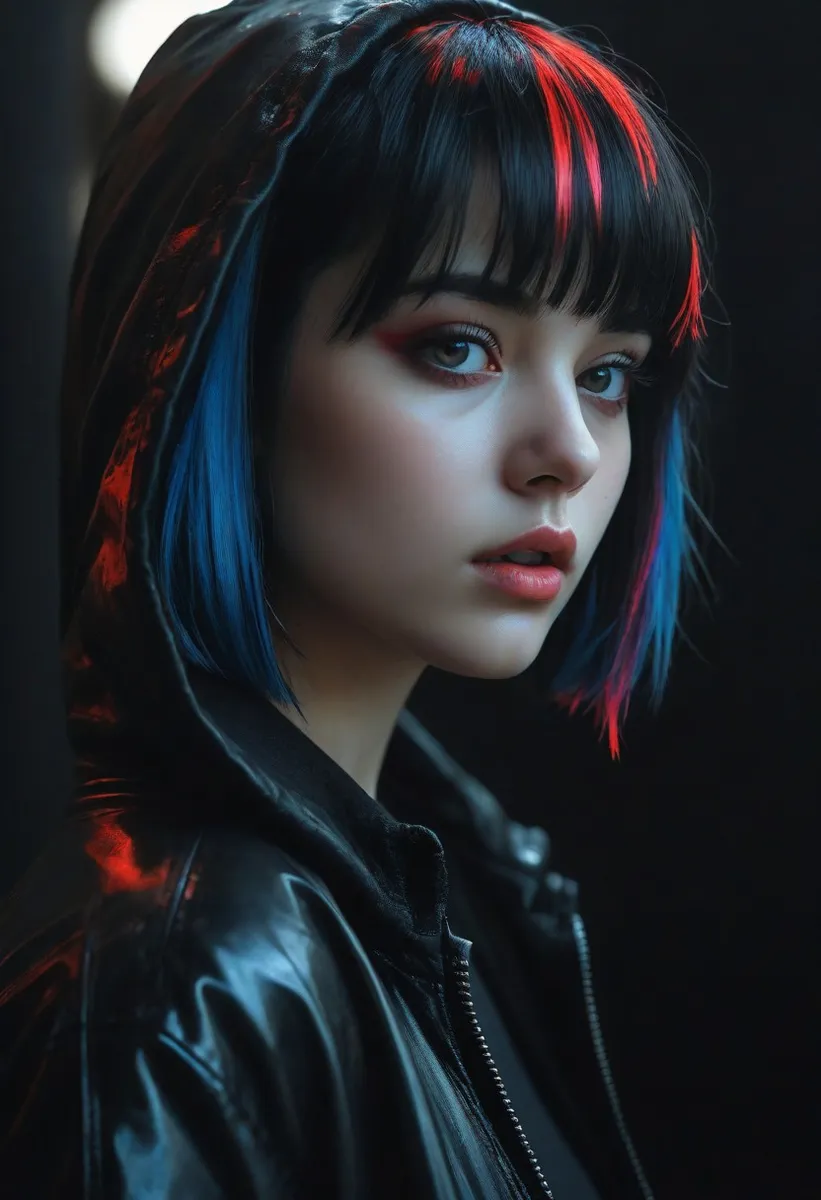 Close-up portrait of a gothic punk girl with multicolored hair featuring red and blue streaks, wearing a black jacket with a hood, under soft dramatic lighting in a dark environment with neon highlights.