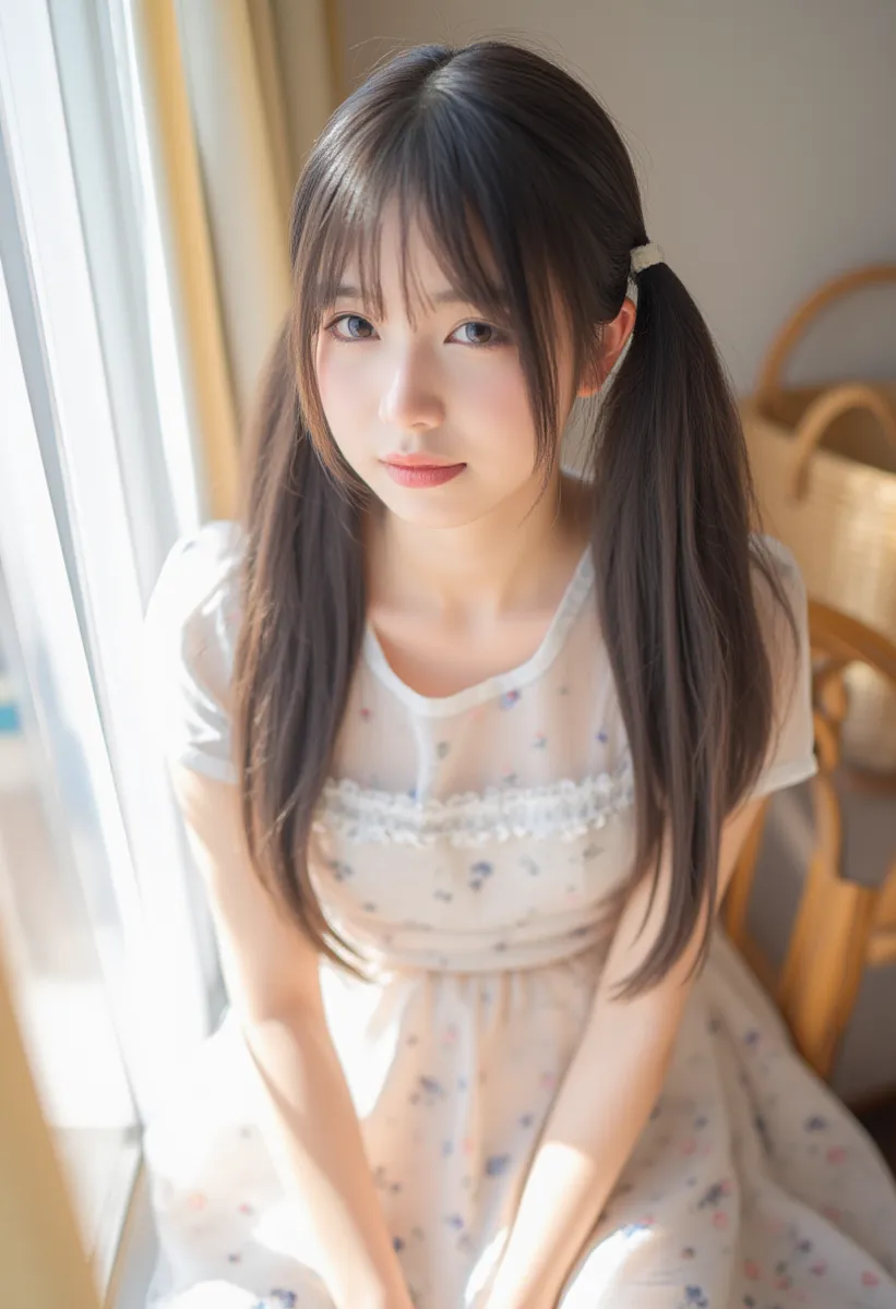 Young woman with long dark twintails wearing a light-colored floral dress with a sheer overlay, sitting by a window with sunlight casting a soft glow, indoor scene with wooden chair and basket in background.