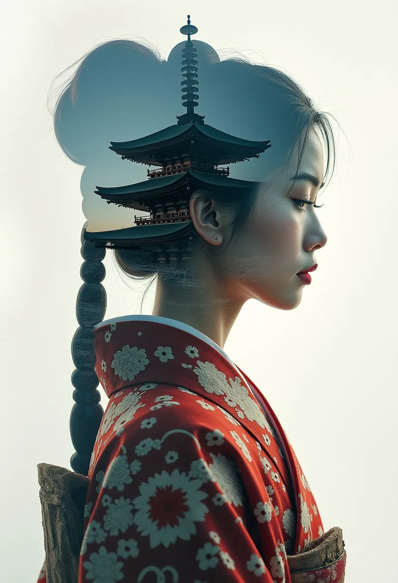Profile of a Japanese shrine maiden wearing a traditional red kimono with floral patterns, overlaid with a double exposure of a multi-tiered Shinto temple pagoda inside her silhouette.