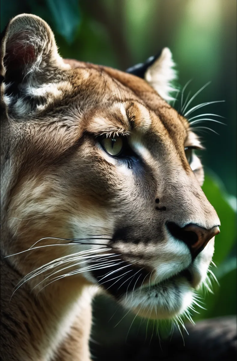 Upper profile close-up of a photorealistic old cougar with glossy eyes and a sunken head, showing a depressed expression, set against a dark lush jungle background with cinematic dramatic lighting.