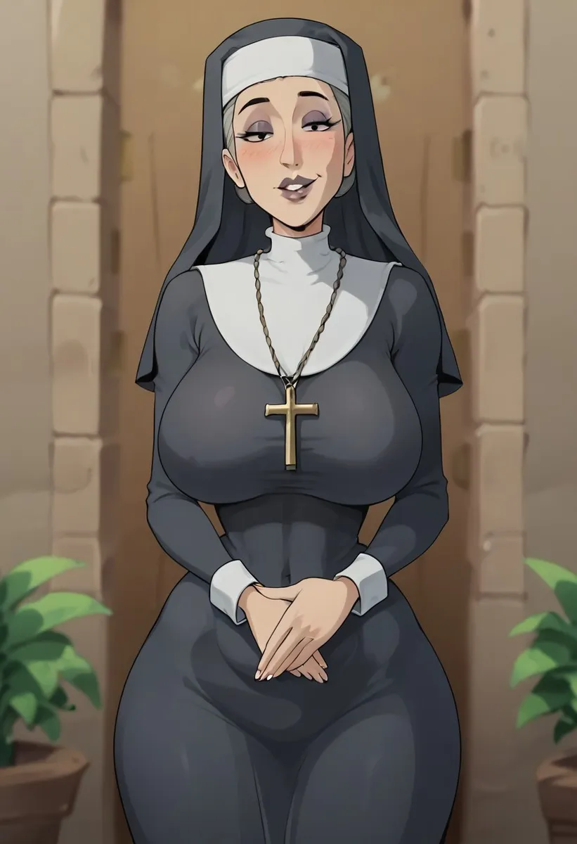 A mature woman with grey hair and black eyes wearing a traditional nun's habit stands with a seductive smile and expressive eyes, hands clasped, in a stone hallway.