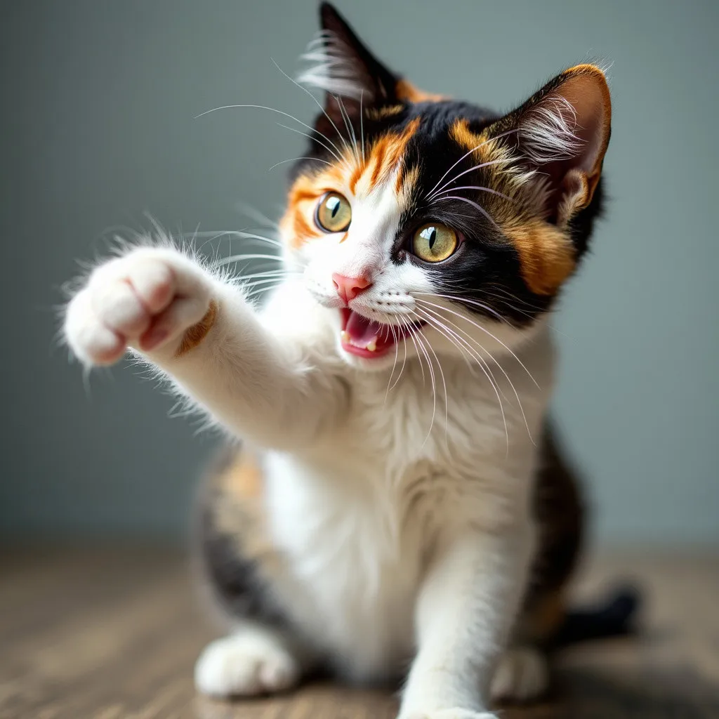 A cute calico cat with green eyes playfully raising its paw as if punching forward against a neutral background.