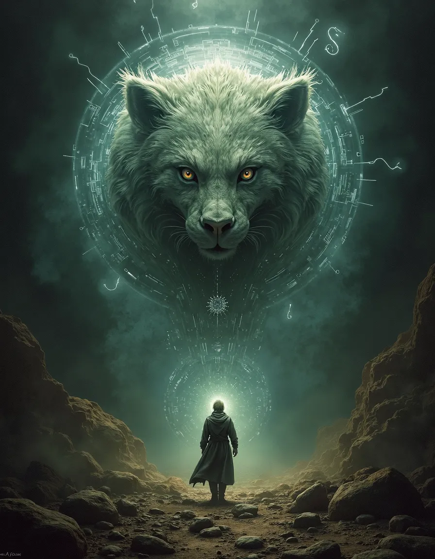A glowing circuit-like vortex in a dark cave forms a large wolf head above a solitary figure with an electric aura.