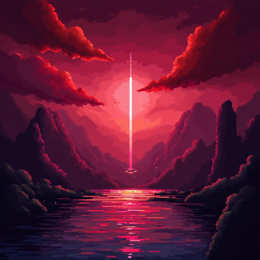 Pixel art scene featuring a deep alizarin crimson sunset with a bright vertical light beam, red clouds, mountainous landscape, and a reflective lake.