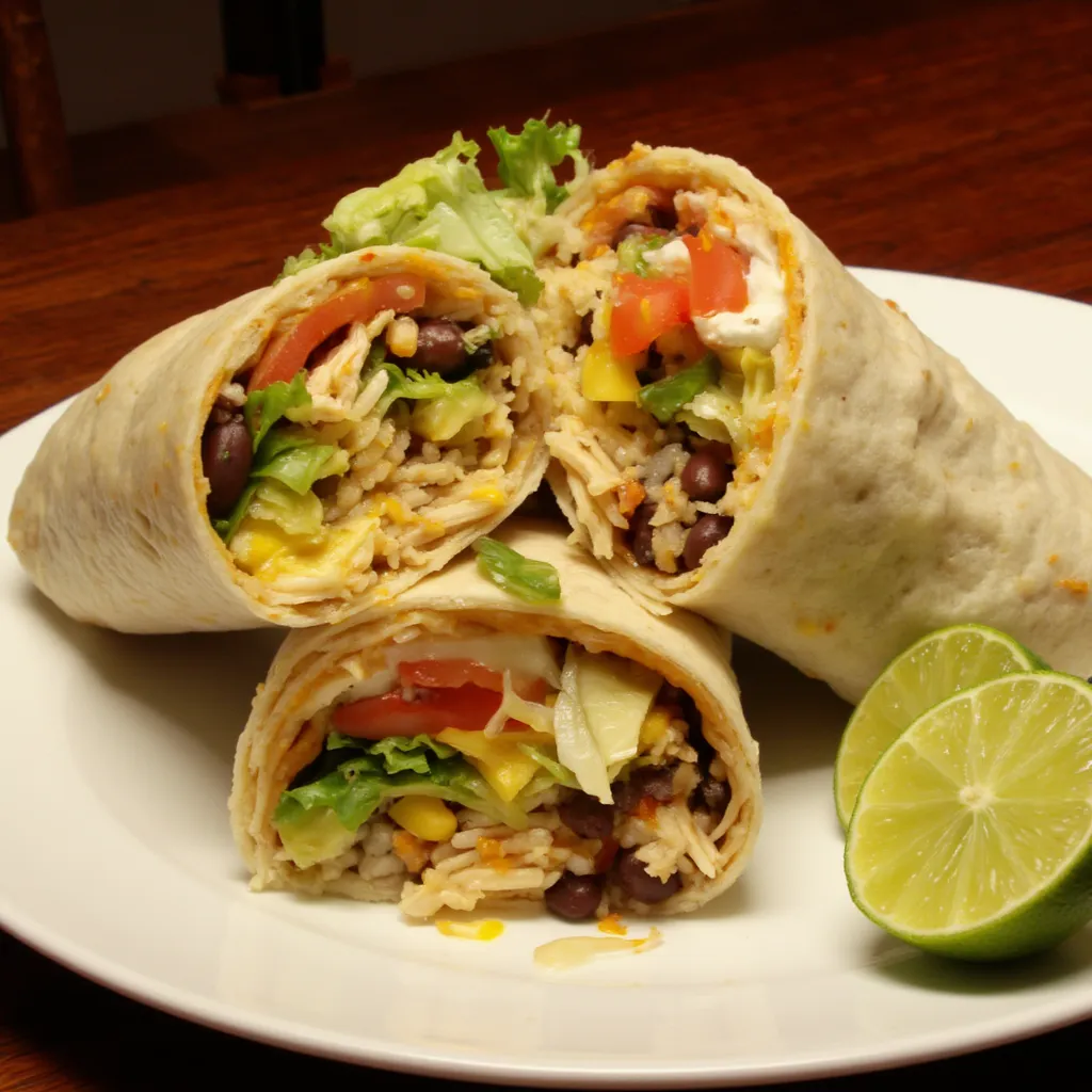 Hot burrito cut in half showing shredded chicken, lettuce, tomatoes, avocado slices, beans, and rice, served with sliced limes on the side.