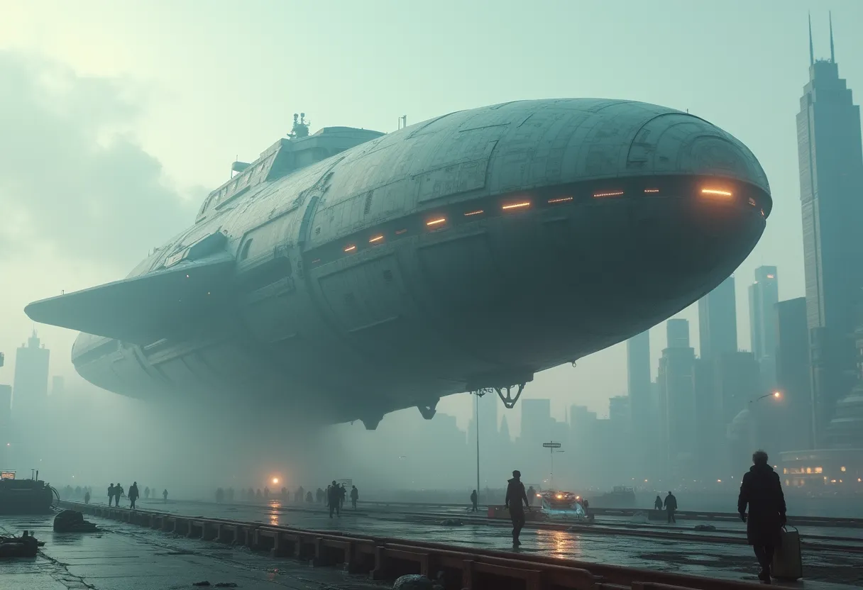 A colossal mega spaceship descending onto a landing platform amid smoke and fog, surrounded by a futuristic city skyline with tall buildings and silhouettes of people.