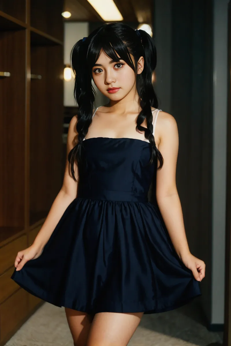 Teenage girl with black hair in twintails wearing a black formal dress, standing indoors with cinematic lighting and a bokeh background.