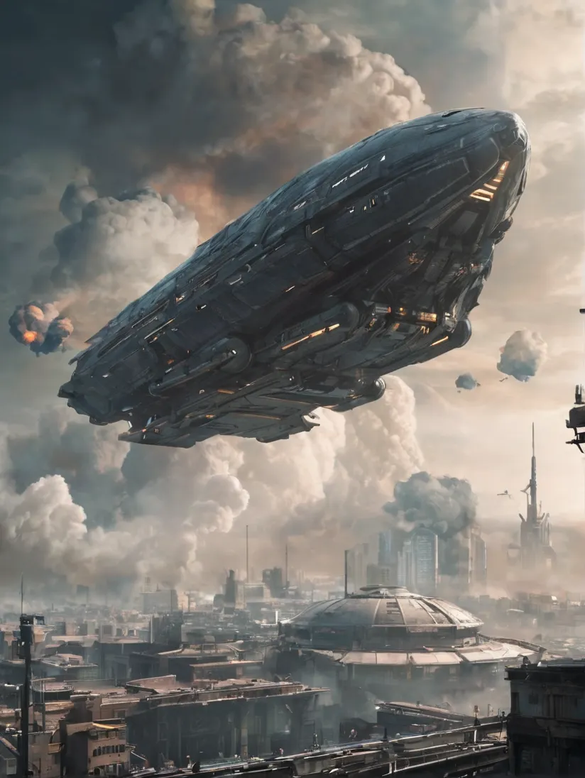 A massive mega spaceship is descending towards a platform in a smoky, futuristic cityscape under a dramatic cloudy sky.