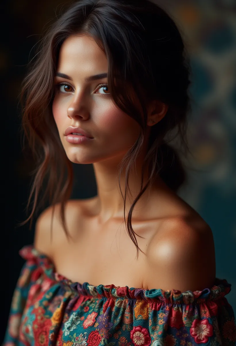 Portrait of a soft brunette woman in moody, chiaroscuro lighting wearing a colorful off-the-shoulder top with detailed floral patterns