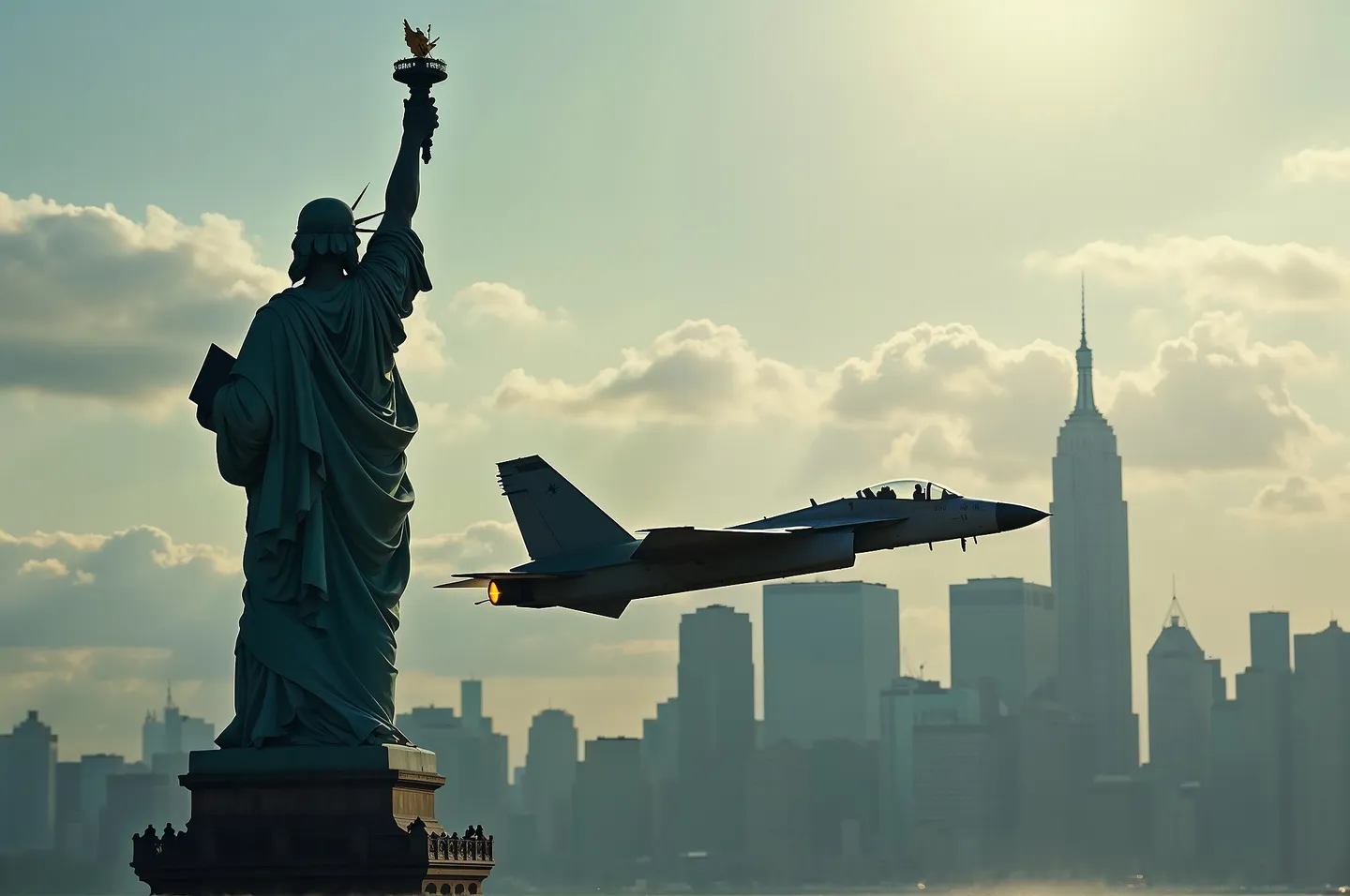 Silhouetted military fighter jet flying close to the Statue of Liberty with the NYC skyline and Empire State Building in the background under a cloudy sky.