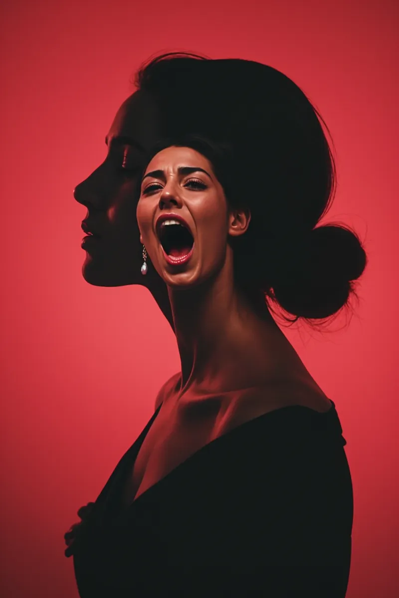 Double exposure photo showing a woman in dark silhouette with a serene side profile, overlaid by a colorful image of the same woman yelling, set against an ominous red background.