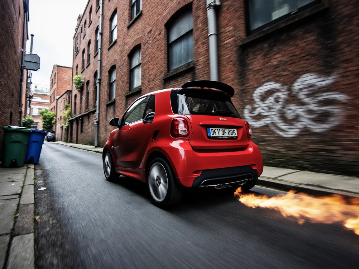 Red smart car with a spoiler driving fast in a narrow back alley with brick walls and graffiti, producing flames from its exhaust pipe with motion blur effect.