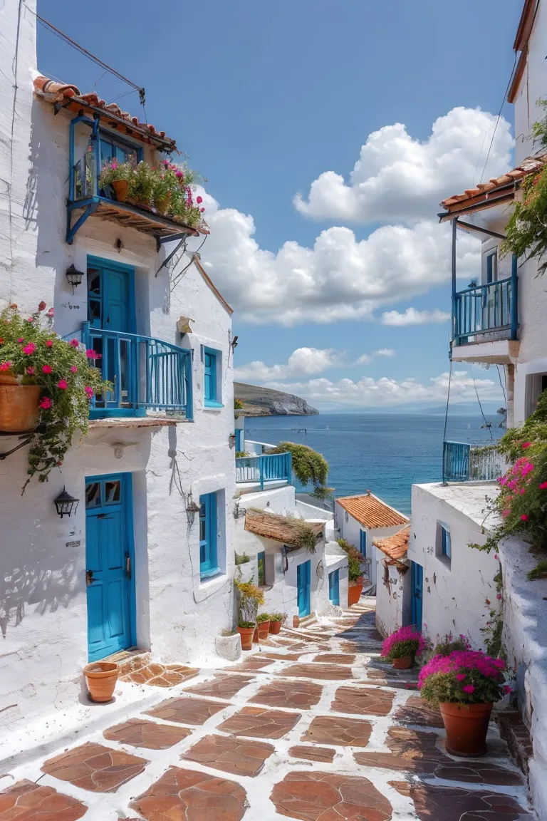 Coastal town with white buildings, blue balconies, flower pots along a stone-paved pathway overlooking a clear sea under a bright blue sky with fluffy white clouds.