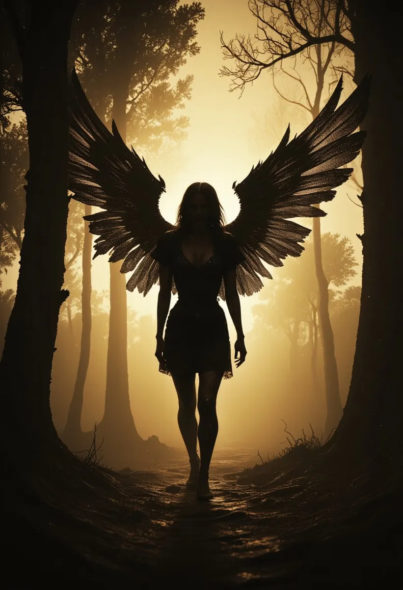 Silhouette of a fallen angel with large wings standing on a dark forest path, bathed in sepia-toned mystical morning light filtering through trees.
