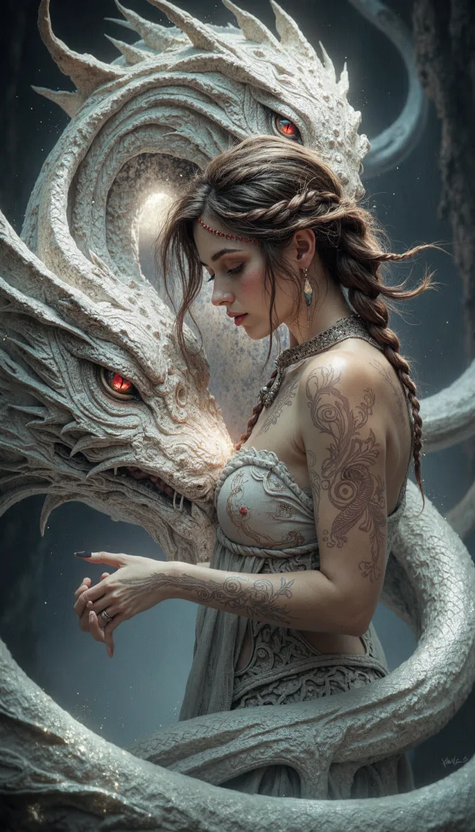 Young woman with intricate tattoos and braided hair embraces a colossal white serpent with glowing red eyes in ethereal forest lighting.