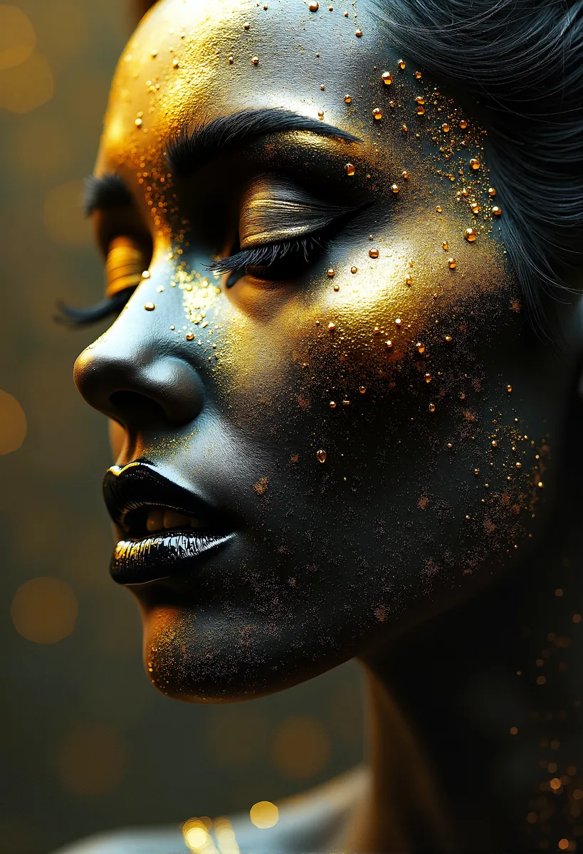 Close-up side profile of a cyberpunk woman with intricate gold and black makeup, black lipstick, golden mascara, and golden droplets on her face.