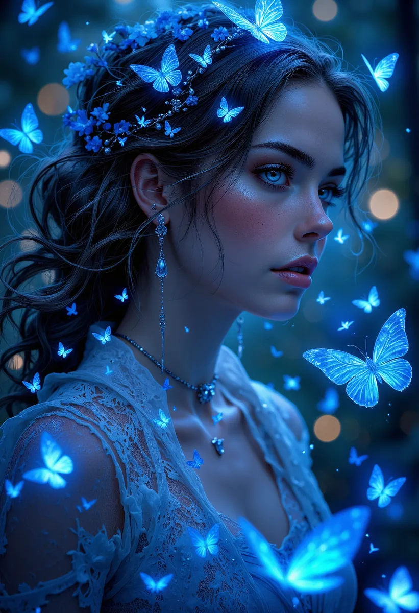 Una donna serena simile a uno sylph con capelli neri adornati da fiori blu, circondata da farfalle blu bioluminescenti che brillano in una foresta oscura.
