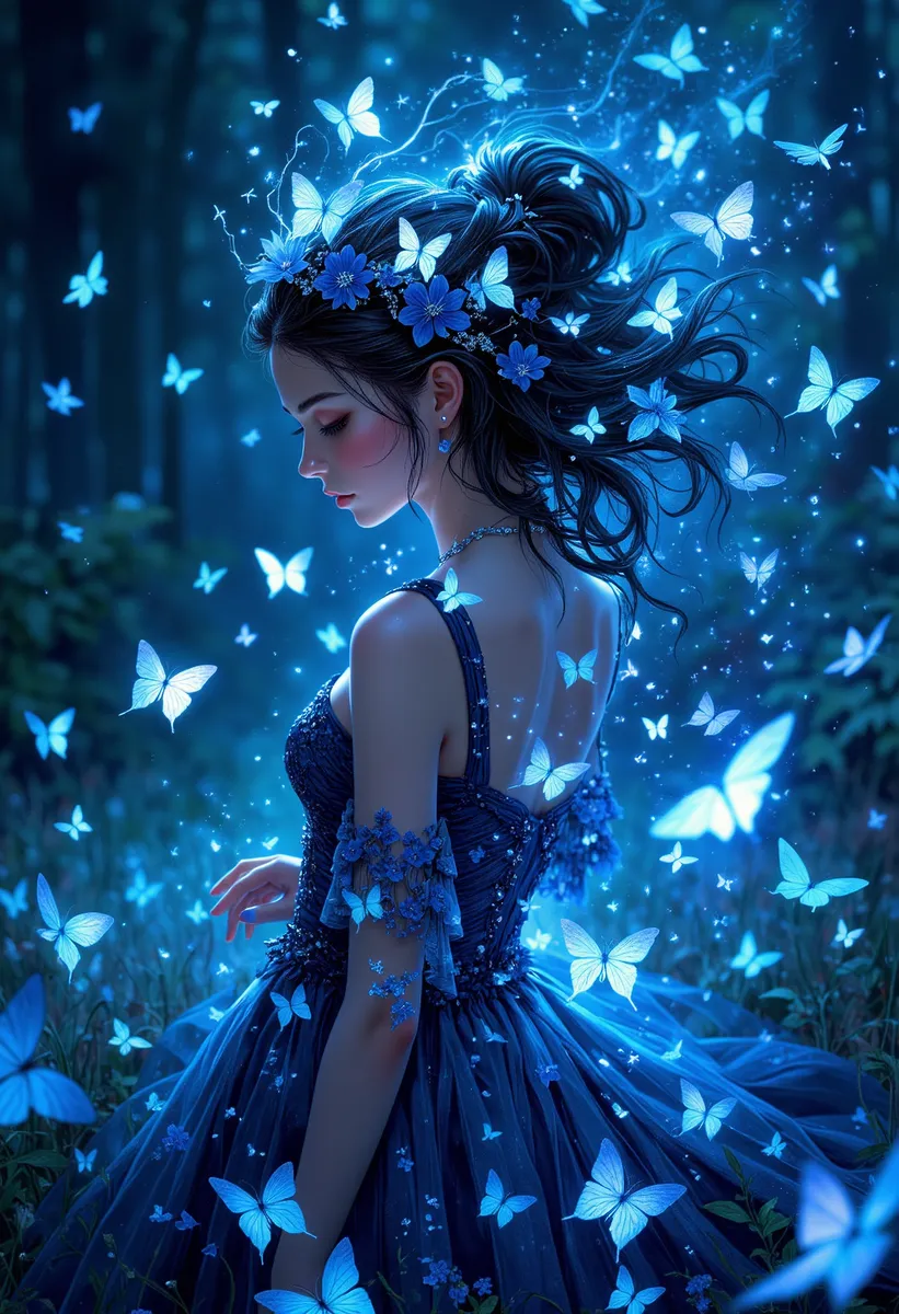 A sylphlike woman with raven hair adorned with azure blossoms in a flowing midnight blue gown stands amidst glowing bioluminescent butterflies in a dark forest.