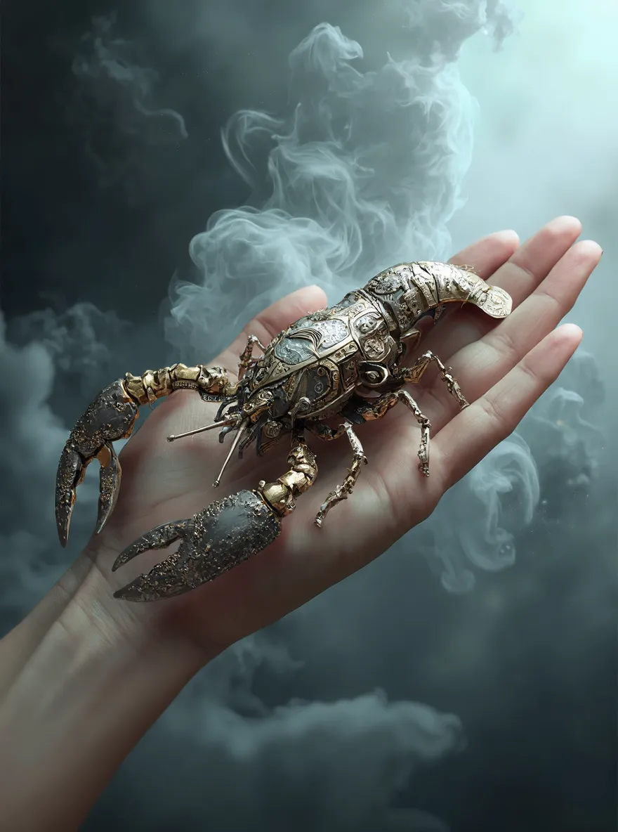 A cyberpunk mechanical lobster made of brass and silver with diamond inlays resting on a human palm, surrounded by swirling dark grey smoke.
