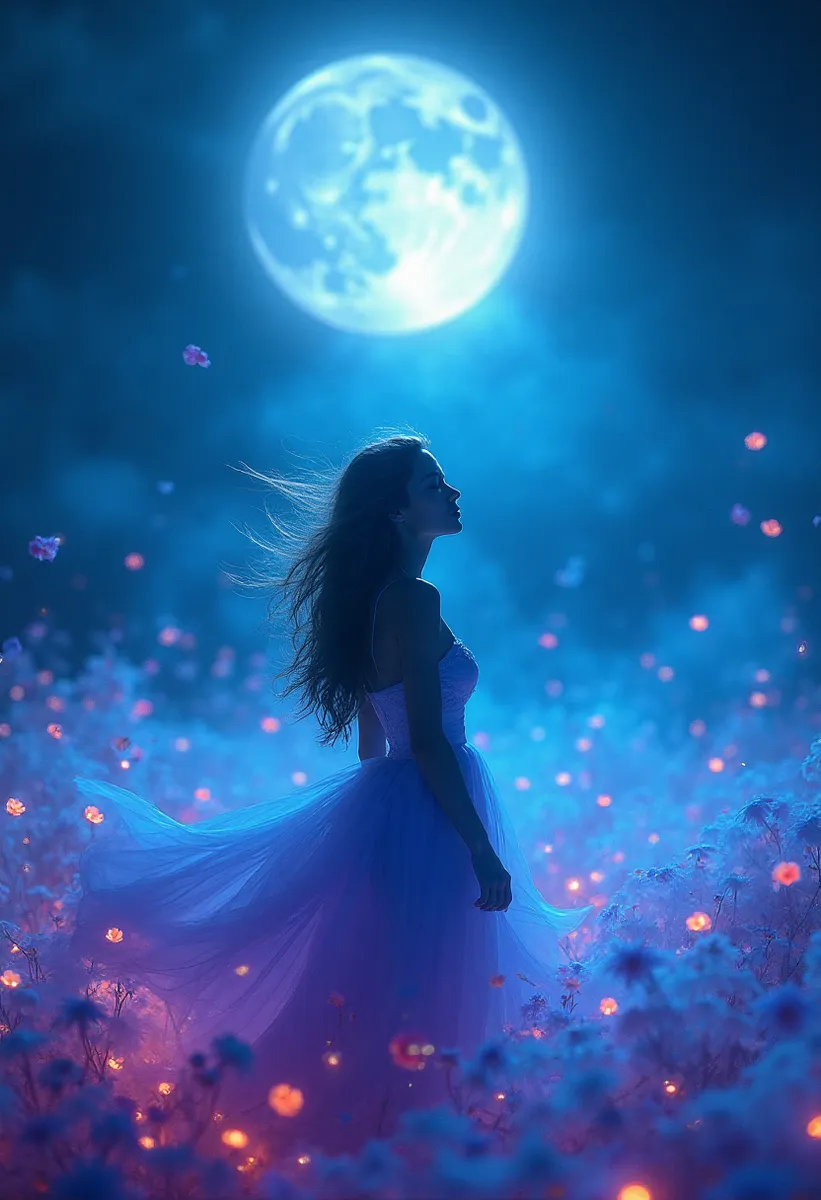 A woman in a flowing gown stands in a glowing flower storm beneath a bright full moon, surrounded by ethereal blue and purple hues with shimmering petals and dramatic lighting.