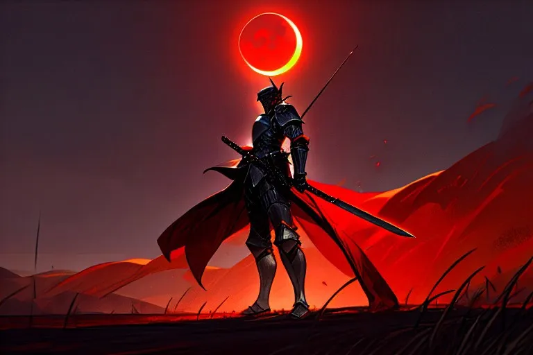 A knight in heavy armor stands gripping a sword on a battlefield, backlit by a dramatic red moon eclipse in a dark, fiery landscape.