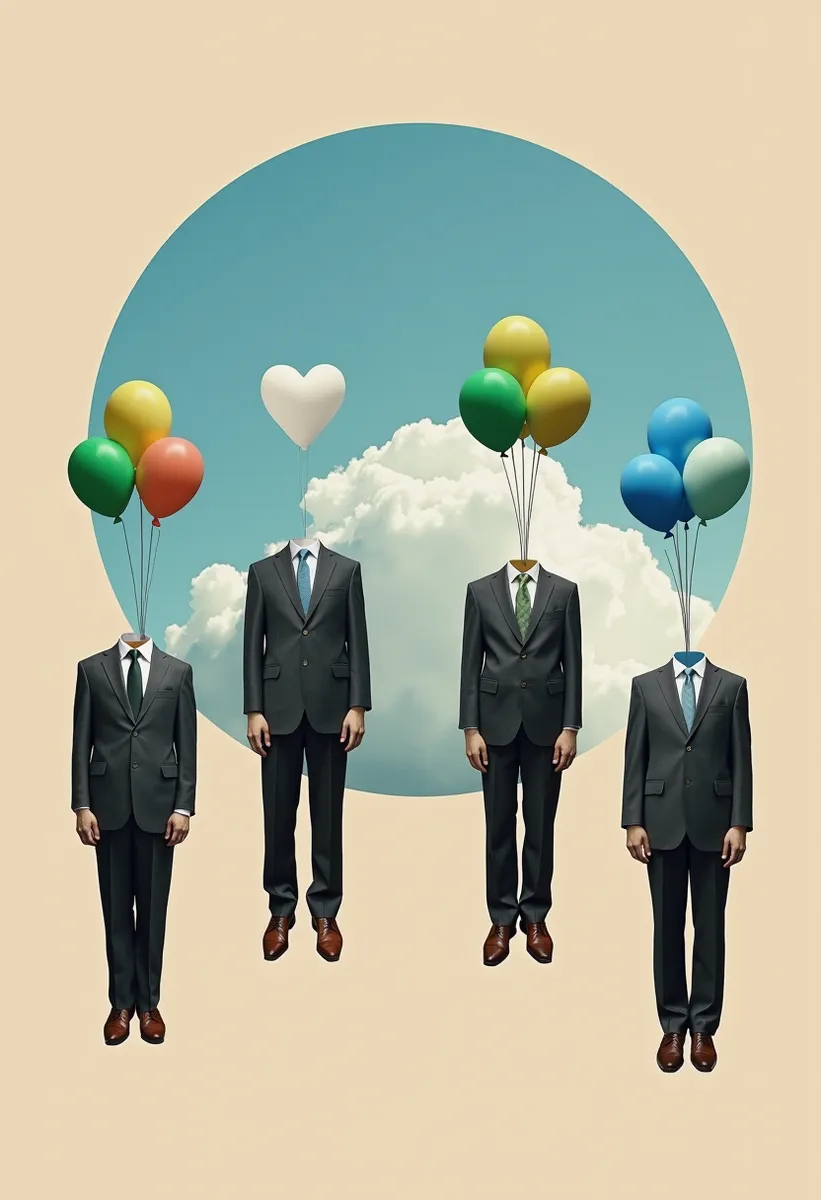 A surreal collage art piece featuring four floating headless human figures in formal suits holding colorful balloons against a large circular cloud backdrop on a beige background.