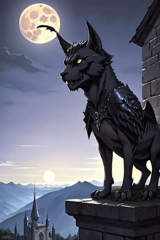A dark fantasy gargoyle perched on a stone ledge of a gothic castle at night, illuminated by a large full moon with a mountainous landscape in the background, done in Castlevania artstyle.