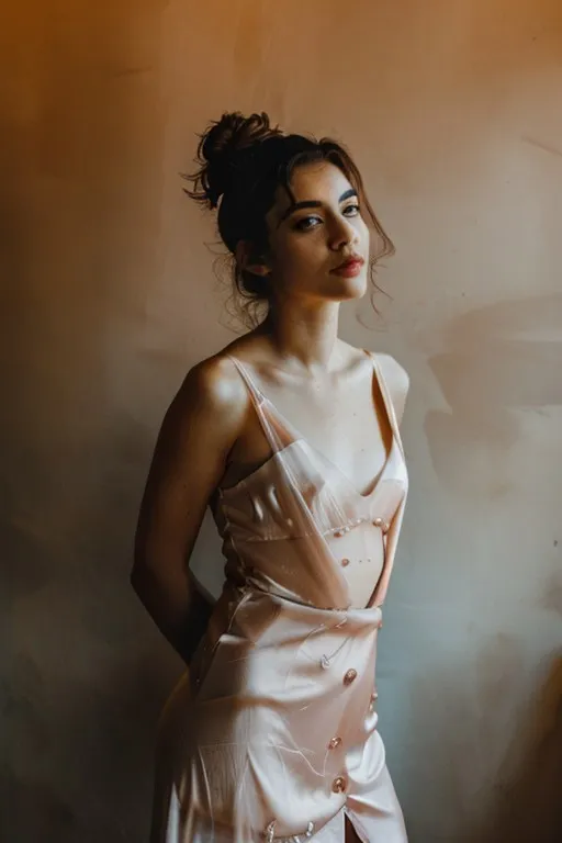 A young woman posing stylishly in a pale translucent satin dress with a messy bun hairstyle, softly lit against a muted background.