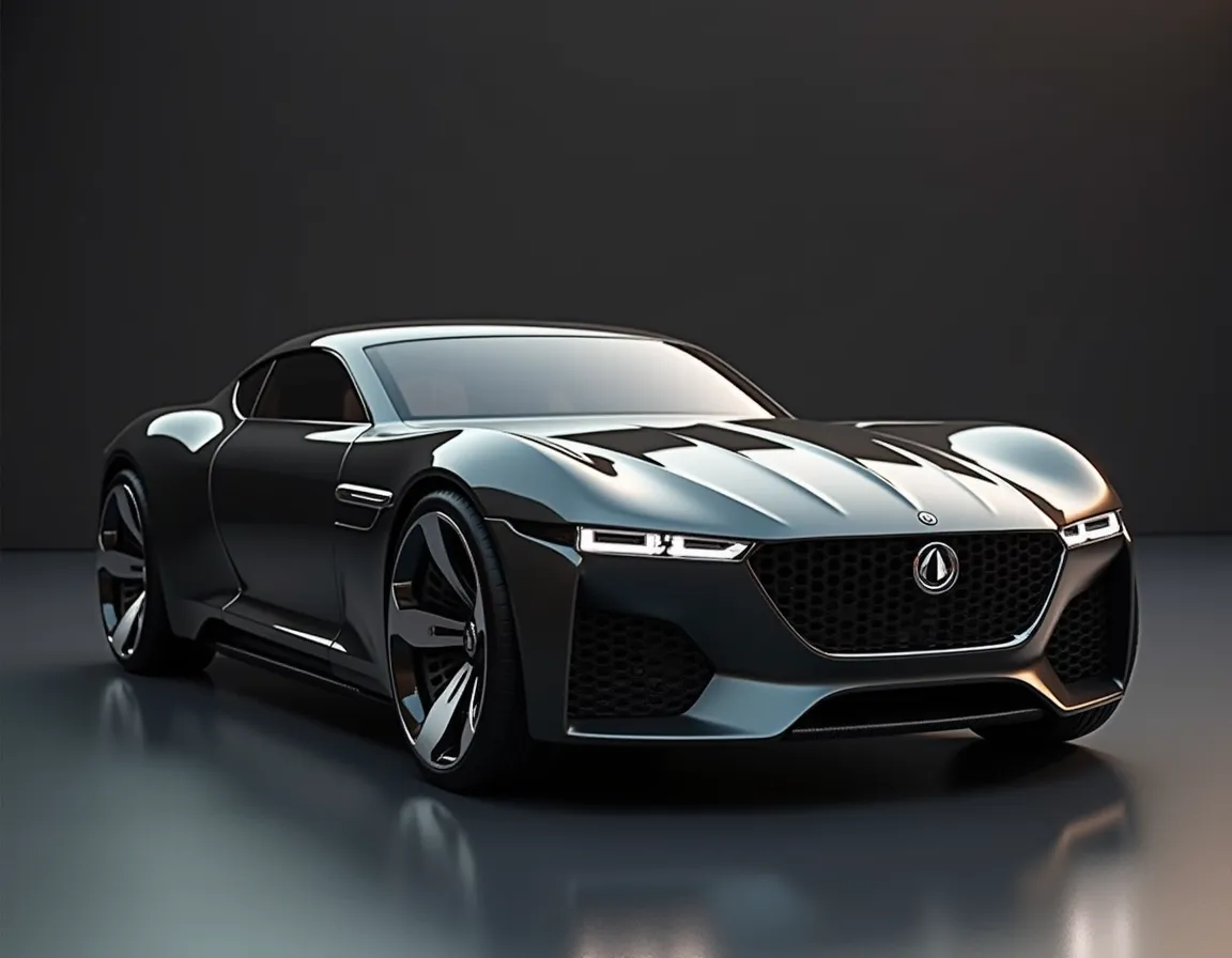 A sleek concept car with a dark bold finish, featuring rectangular headlights and hexagon-shaped wheels, combining vintage luxury with a modern futuristic design.