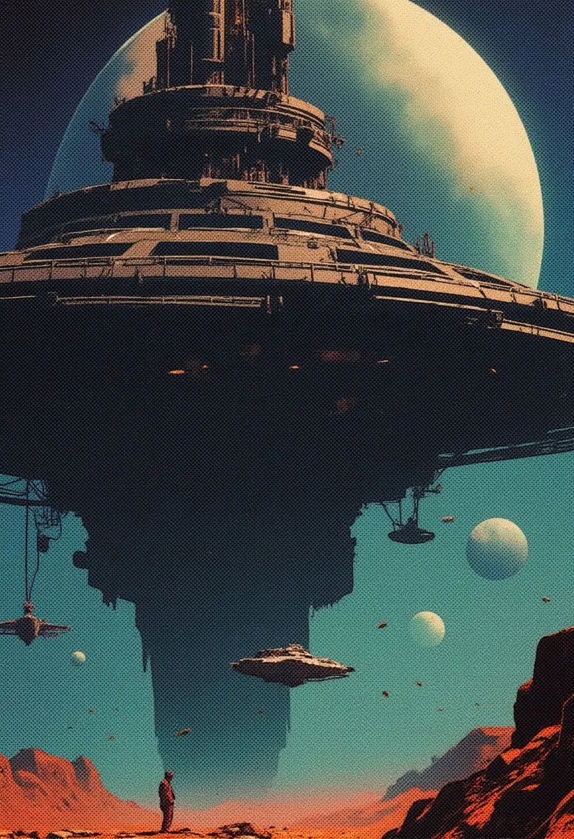 A massive abandoned orbital station damaged by conflict floats near an alien planet under twin suns with a lone spaceship approaching, rendered in a 90s retro futuristic anime style.