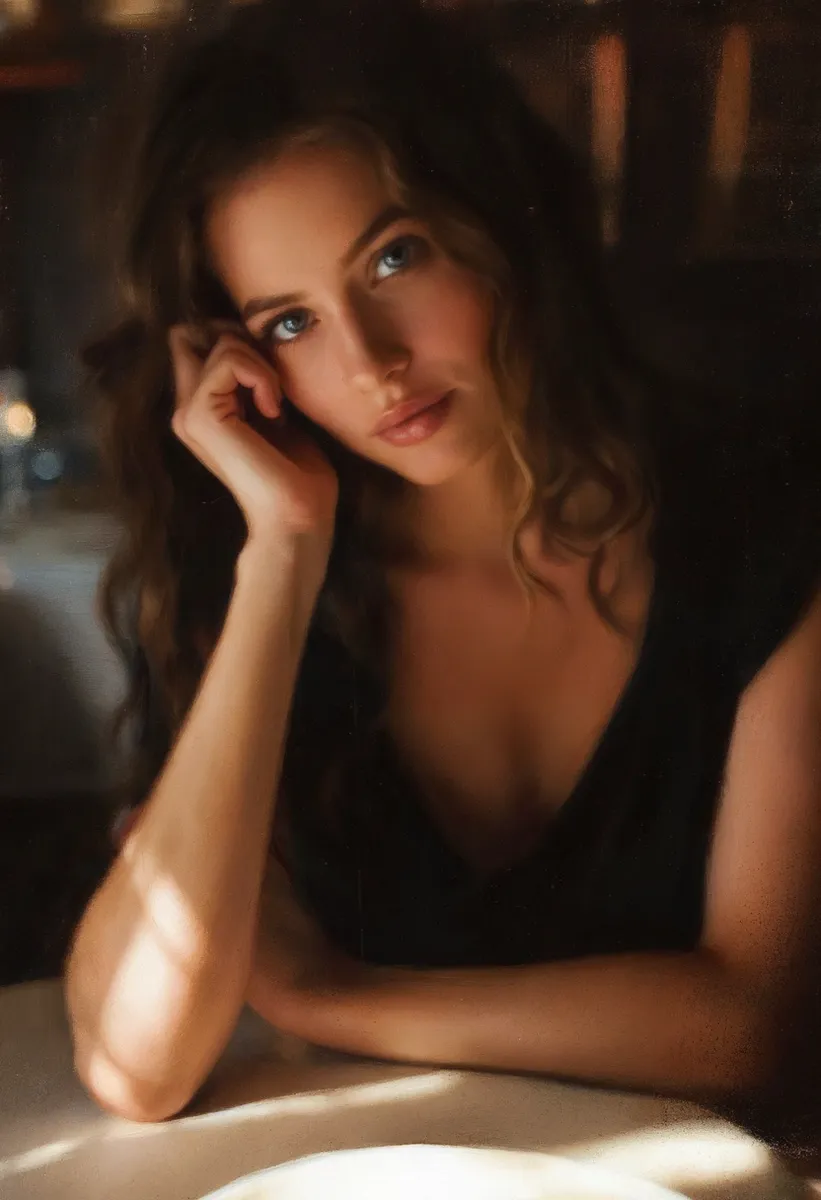Closeup portrait of a lovely woman with wavy brown hair and radiant blue eyes, wearing an elegant black dress, sitting in a dimly lit restaurant with warm intimate lighting.