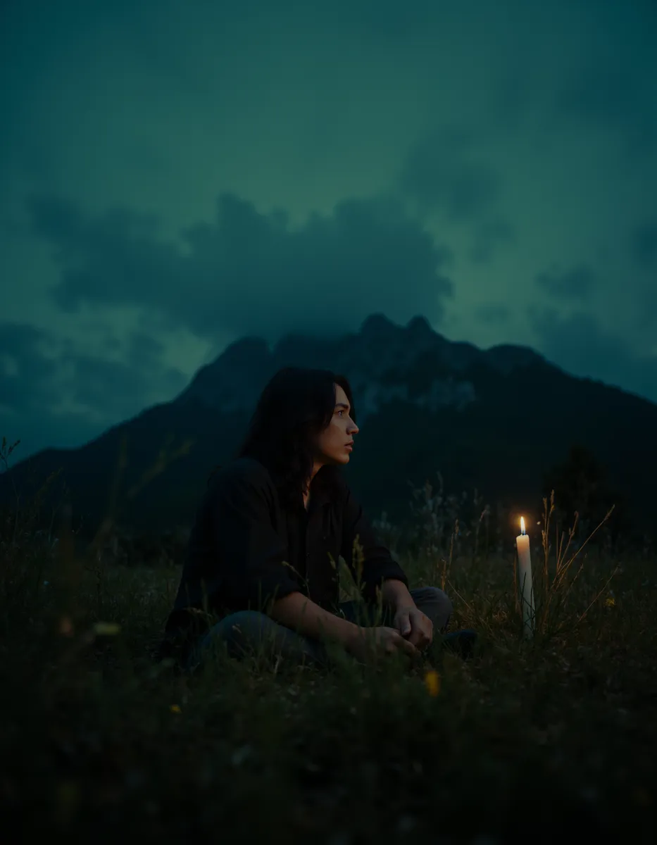 A man with long black hair dressed in black clothes sits in tall grass at twilight, illuminated softly by a nearby candle, with a mountain silhouette and teal night sky in the background.
