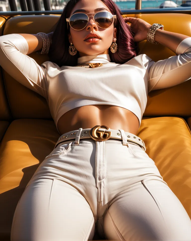 Fashion model reclining on a yellow seat wearing a white top, high-waisted pants with a Gucci belt, and designer sunglasses in bright sunlight.