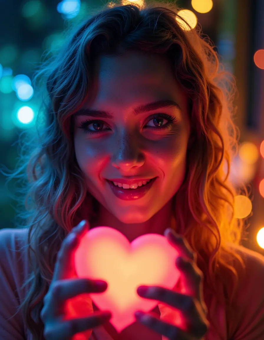 Portrait of a smiling woman holding a glowing heart-shaped light with colorful split lighting and bokeh background.