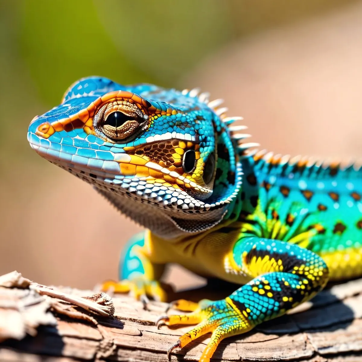 Close-up DSLR photo of a colorful lizard with detailed blue, yellow, and orange scales basking in the sun on a dry branch, side view