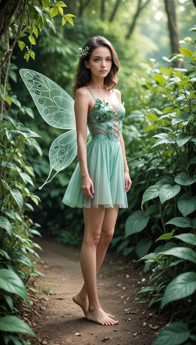 A barefoot girl dressed in a light pastel green dress with translucent fairy wings stands on a forest path surrounded by lush green vegetation.